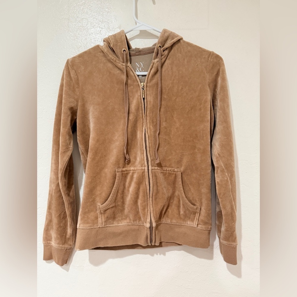 New York & Company Tan Beige Velour Full Zip Hoodie size XS Y2K - Picture 2 of 9